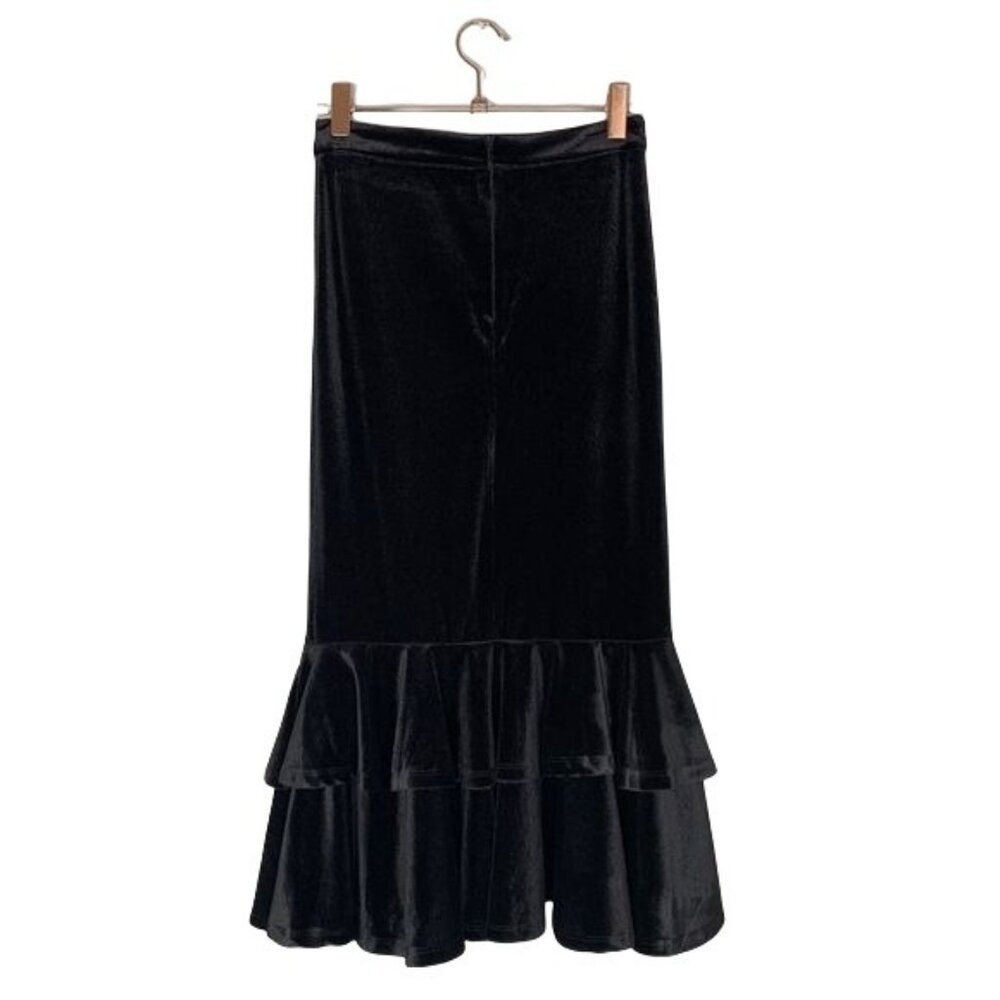 Gianni Bini Layla Skirt Midi Black Velvet Ruffle Hem Tiered Size XS New - Picture 5 of 10